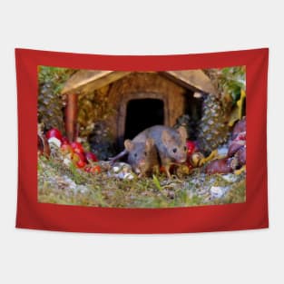 christmas mice at winter  log cabin very festive Tapestry