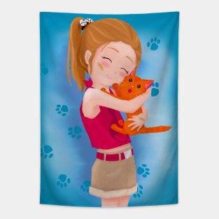 Girl with her cat Tapestry