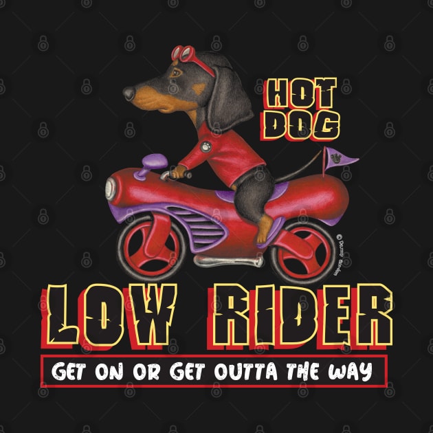 Classic Doxie Dog riding retro wiener cycle on Black Dachshund Riding Wiener Cycle by Danny Gordon Art