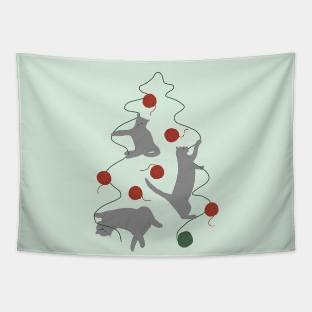 Cats and Yarn Christmas Tree Tapestry by ahadden