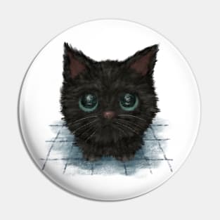 Black cat with blue eyes looks up at me Pin