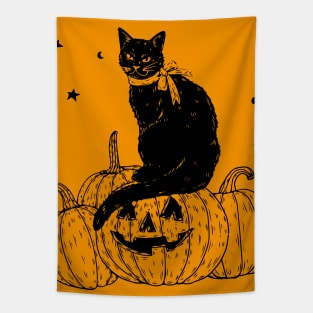 Pumpkin Cat Black Tapestry