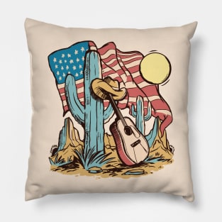 Vintage American Southwest Cartoon with Cactus, Guitar & American Flag Pillow