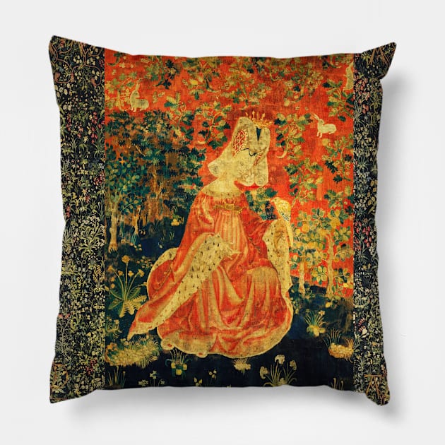 LADY WITH HAWK AMONG FLOWERS AND OAK LEAVES ,HARES, Orange Green Floral Pillow by BulganLumini