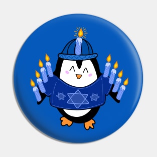 Cute Hanukkah Penguin Dressed as a Menorah on a Blue Backdrop, made by EndlessEmporium Pin