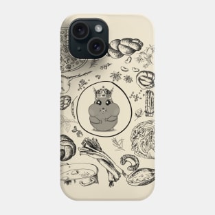 Black and white art hamster in crown with vegeterian food Phone Case