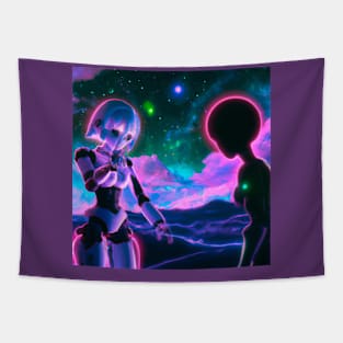 Anime Girl Robot with Alien Tapestry