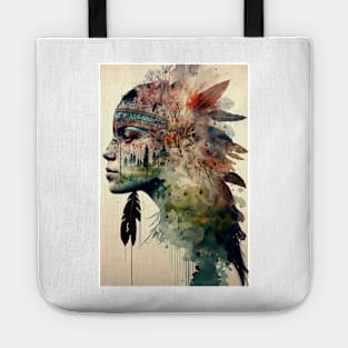 Native American Double Exposure Watercolor Painting Tote