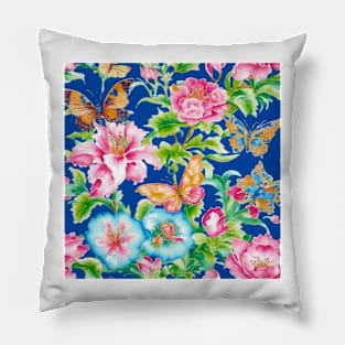 Peonies and butterflies on dark blue Pillow