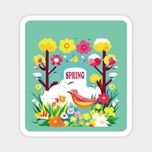 Blooming Spring Delight: Vibrant Flowers and Playful Birds Art Print Magnet