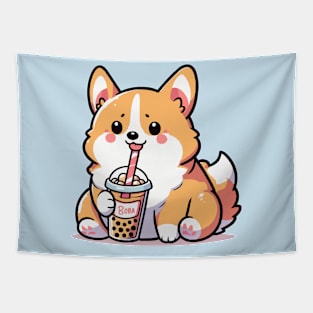 cute corgi dog enjoying boba Tapestry