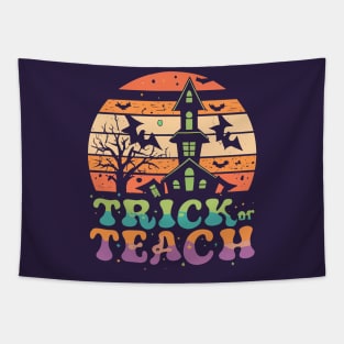 Trick Or Teach, Groovy Teacher Halloween Vintage 70's Hippie Sunset, Castle, Bats,  Principal, School Staff Tapestry