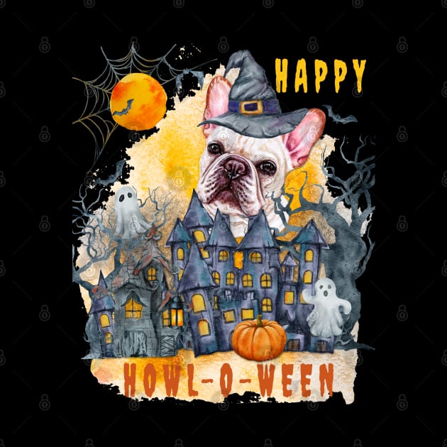French Bulldog Happy Howl-o-ween Ghost Houses Funny Watercolor by Sniffist Gang