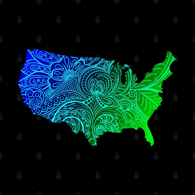 Colorful mandala art map of the United States of America in dark blue and green with cyan by Happy Citizen