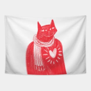 Chic red cat with scarf and heart Tapestry