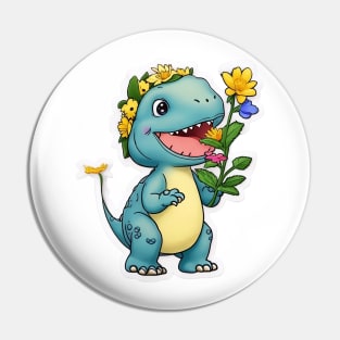 A Cute and  Happy Dinosaur with Flower Sticker Pin