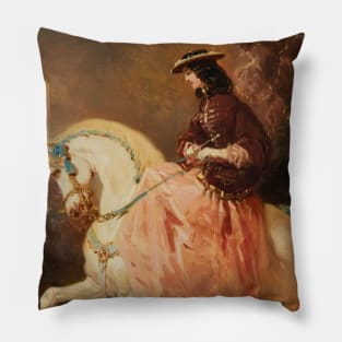 Amazone au petit canotier, veste rouge, jupe rose, une cravache sur un cheval gris aux rubans bleus by Alfred de Dreux Pillow