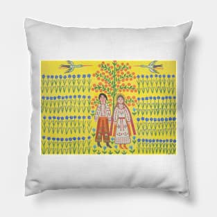 Maria Primachenko - flax blooms a bride goes to her groom 1983 Pillow