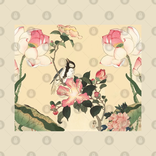 LITTLE BIRD WITH PINK ROSES AND LOTUS FLOWERS by BulganLumini