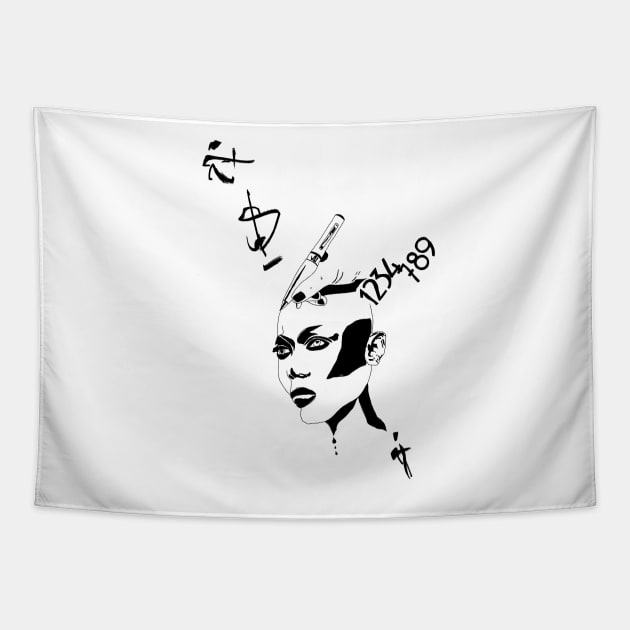 B&W Drawing - Strong Woman and Symbols Tapestry by FranciscoCapelo