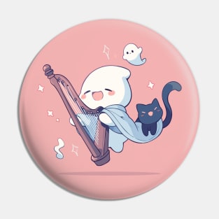 Sheet Ghost Playing Halloween Harp. Spook Cute Mariachi Monster. Pin