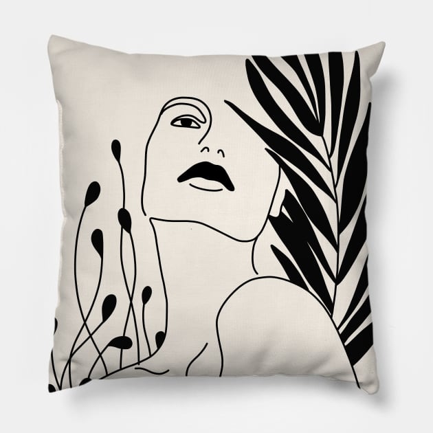 Woman Portrait And Plant Leaves Line Art Pillow by Trippycollage