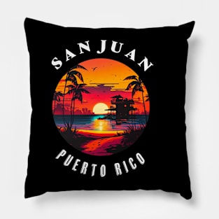 San Juan Puerto Rico Vintage Graphic Retro 70s Sunset Beach Pillow