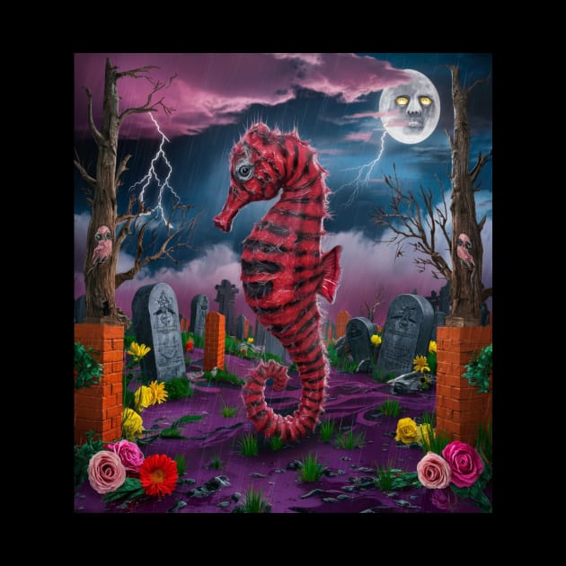 AI generated red striped seahorse in graveyard by Catbrat