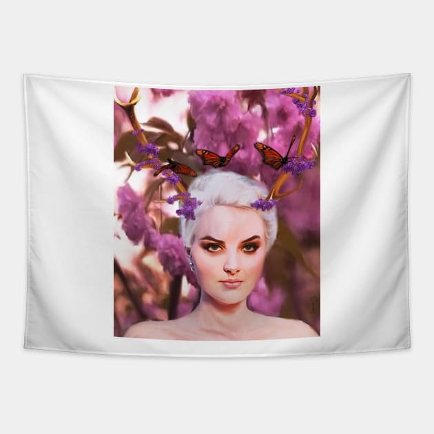 beautiful woman creature of the forest with antlers, flowers and butterflies Tapestry by DamiansART