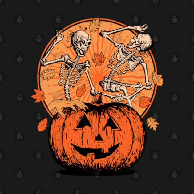 Vintage Pumpkin Skeletons Dancing Scene by Three Meat Curry