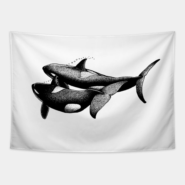 Swimming Orcas Tapestry by Marina Rehder