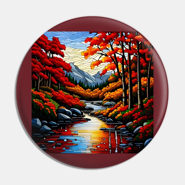 Stained Glass River Running Amid Autumn Foliage Pin by Chance Two Designs