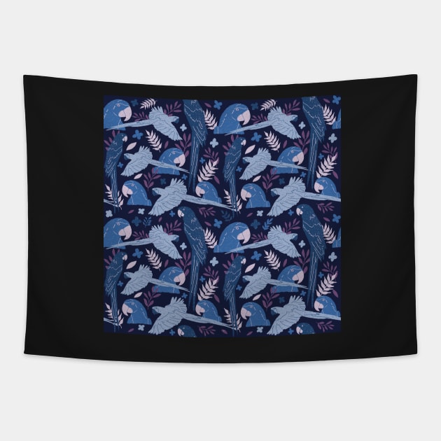 Ara Parrot Tropical Leaves Pattern Blue and Pink Tapestry by OneLook