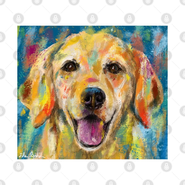 Artistic and Colorful Painting of Golden Retriever Smiling by ibadishi