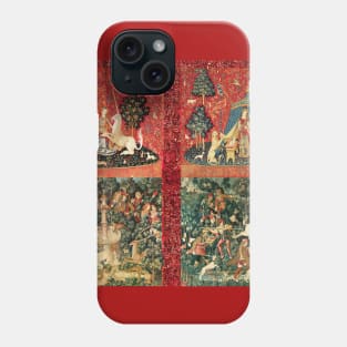 FOUR LADY AND UNICORN STORIES ,Fantasy Flowers,Animals, Red Green Floral Tapestry Phone Case