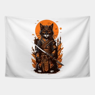 Yellow moon samurai cat Tapestry