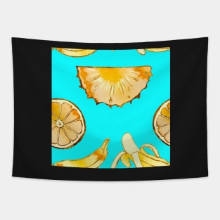 turquoise, blue, pineapple, banana, yellow, orange, juicy, fruit, glitter, gold, summer, pattern, funny, sunny, vivid, pink Tapestry