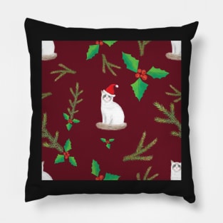 Merry Catmas Ragdoll Cats with Santa Hats - Burgundy Winter Party Pattern Pillow