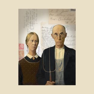 American Gothic Plain Couple on Antique Postcard Collage T-Shirt