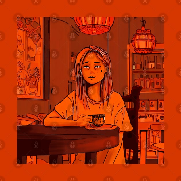 Melancholic girl drinking tea in traditional Chinese home by Eccentric-ink