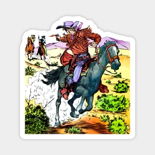 Cody Of The Pony Express 1955 chase and shooting of cowboys on horseback running at maximum speed through the desert wild west cowboy shootout retro vintage comic Magnet