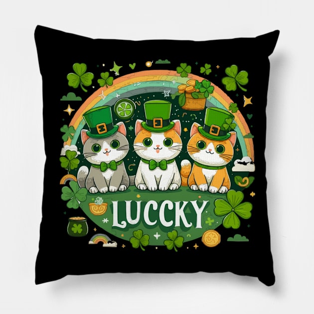 Lucky cute three Cat, cute cat illustration, Pillow by PetPawsPlay