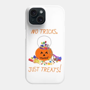 Halloween Candy Pumpkin Bucket. No Tricks. Just Treats! (White Background) Phone Case