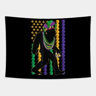 Bigfoot Wearing Hat Mardi Gras Beads With Flag Mardi Gras Tapestry