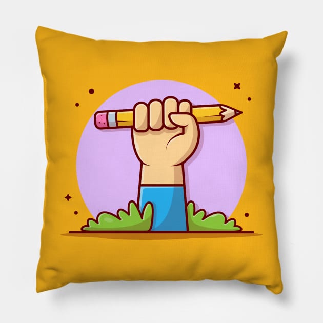 Cute Hand With Pencil Cartoon Vector Icon Illustration Pillow by Catalyst Labs