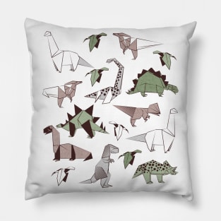 Origami dino friends // print // green white and beige dinosaurs Pillow