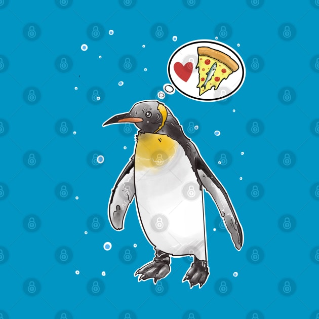 Hungry penguin dreaming about pizza with anchovies by weilertsen