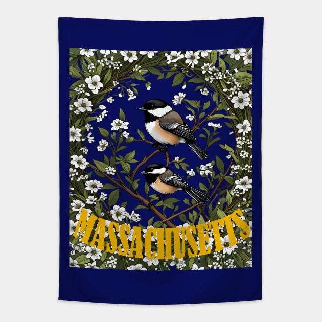 Massachusetts Black-capped Chickadee Bird And Mayflowers Tapestry by taiche