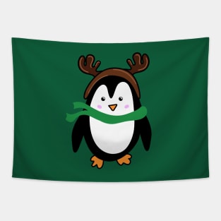 Festive Christmas Holiday Penguin Cartoon Doodle with Reindeer Antlers, made by EndlessEmporium Tapestry