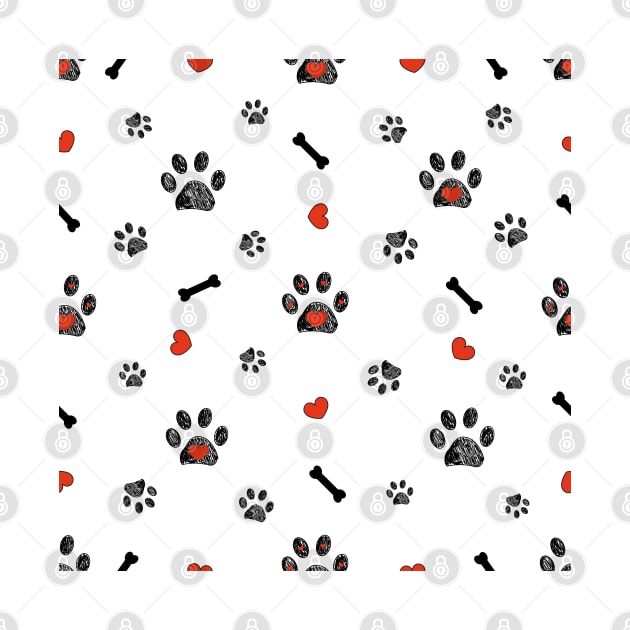 Doodle black paw prints, bone with red heart by GULSENGUNEL